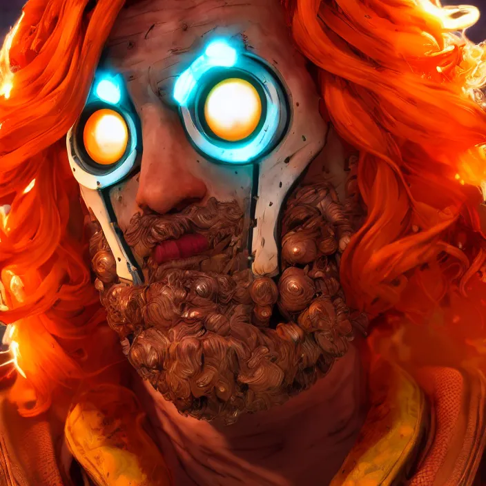 Image similar to glowwave portrait of curly orange hair man from borderlands 3, au naturel, hyper detailed, digital art, trending in artstation, cinematic lighting, studio quality, smooth render, unreal engine 5 rendered, octane rendered, art style by klimt and nixeu and ian sprigger and wlop and krenz cushart.