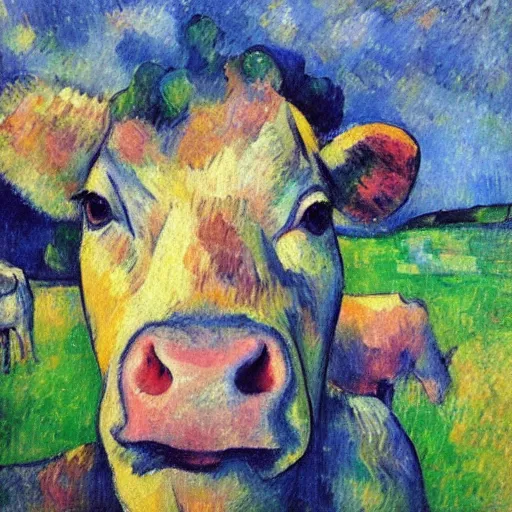 Prompt: a cow is running in the cloud, post - impressionism, cezanne, gaugin, van gogh, seurat, selfie ， - h 1 0 2 4