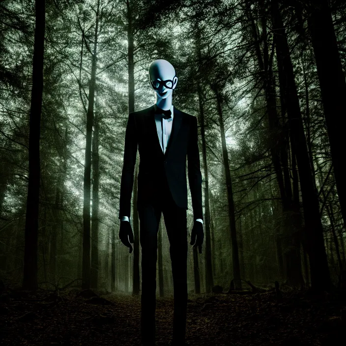 Image similar to cinematic still of slenderman in eerie dark forest, XF IQ4, f/1.4, ISO 200, 1/160s, 8K, RAW, dramatic lighting, symmetrical balance, in-frame