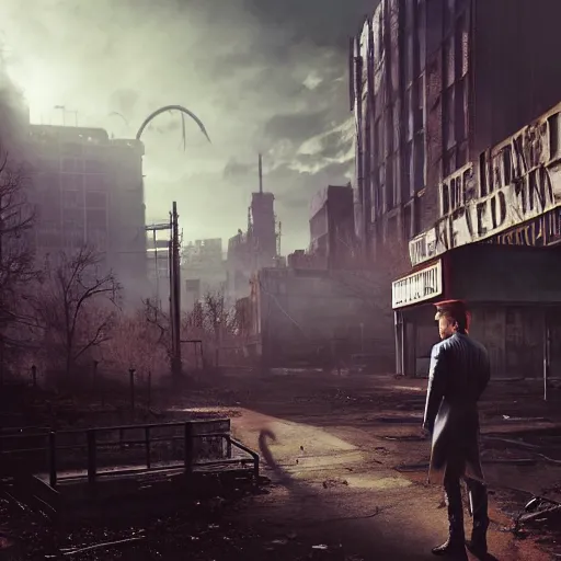 Prompt: fallout 4, charismatic david bowie, portrait, outdoors ruined cityscape, atmospheric lighting, painted, intricate, volumetric lighting, beautiful, daytime, sunny weather, slight overcast, sharp focus, deep colours, ultra detailed, by leesha hannigan, ross tran, thierry doizon, kai carpenter, ignacio fernandez rios