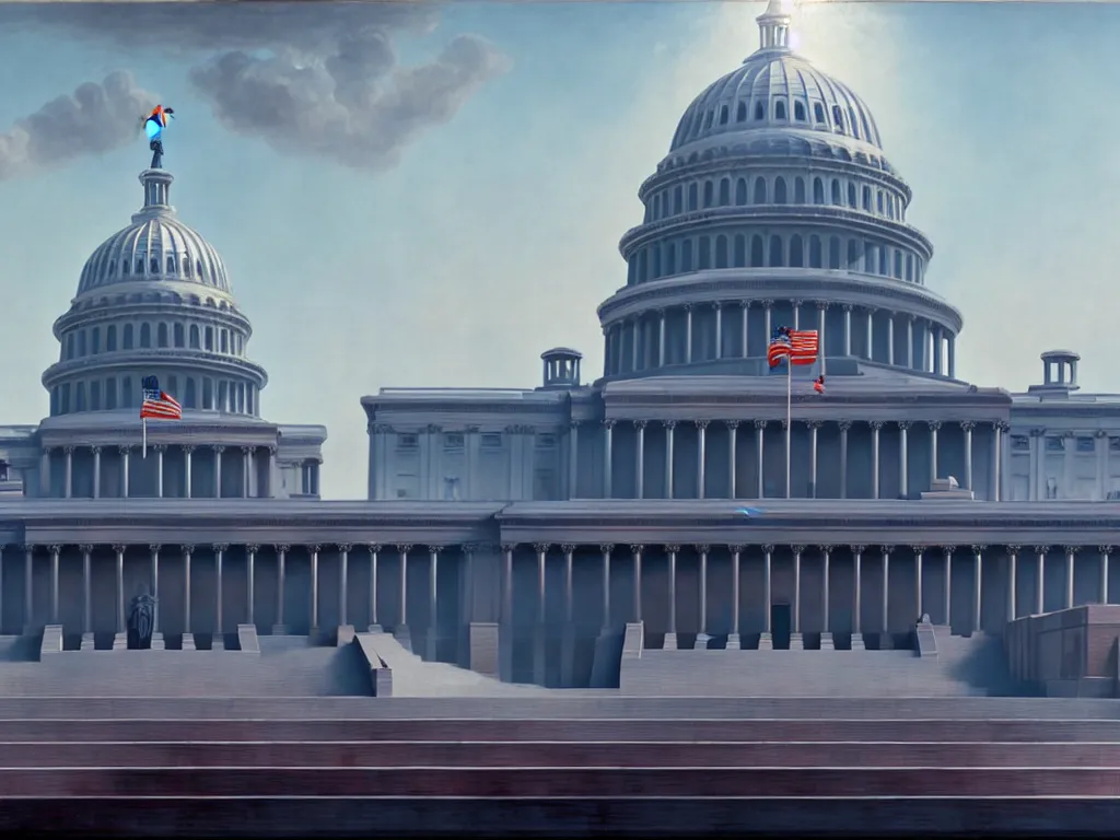 Image similar to matte painting by fan wennan. future capitol of the american communist party shining in the sun after the triumph of socialism in america, hyperdetailed, cinematic, photorealistic, hyperrealism, masterpiece, future communist governmental architecture, statue, imposing, strength, abundance. america 2 0 9 8