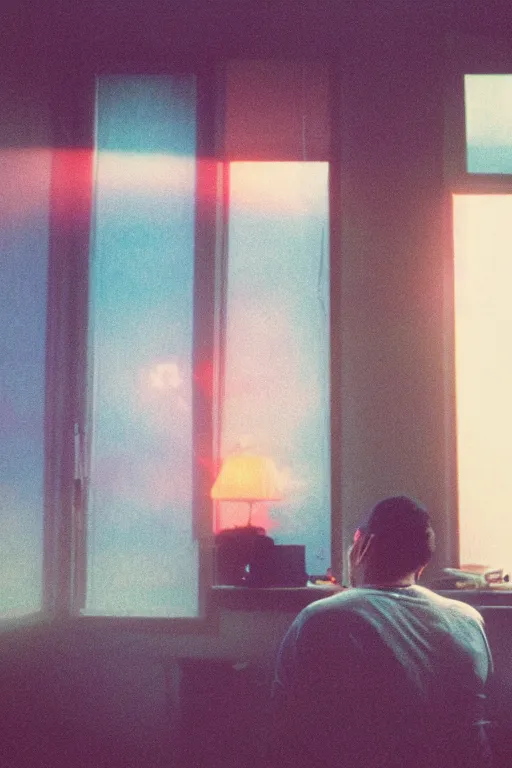 Image similar to agfa vista 4 0 0 photograph of a guy on a cluttered bedroom looking out a window, back view, synth vibe, vaporwave colors, lens flare, moody lighting, moody vibe, telephoto, 9 0 s vibe, blurry background, grain, tranquil, calm, faded!,