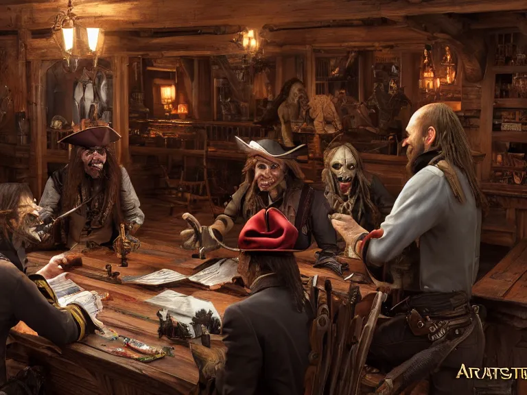 Prompt: A pirate and a goblin negotiate a contract with a vampire in a western saloon, 8k ultra realistic, detailed, intricate, full of colour, cinematic lighting, trending on artstation, 4k, hyperrealistic, focused, extreme details, unreal engine 5, cinematic, masterpiece