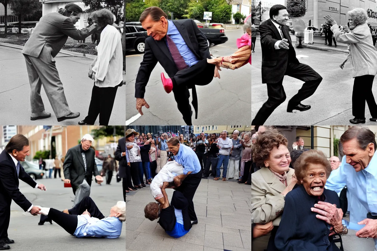 Prompt: kenneth copeland suplexing an elderly lady in the streets