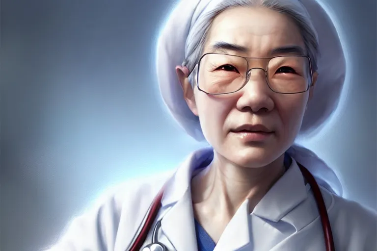 Prompt: a cute female doctor in a white coat, a chinese old man, cinematic, highly detailed, digital painting, artstation, concept art, matte, sharp focus, illustration, art by artgerm and greg rutkowski