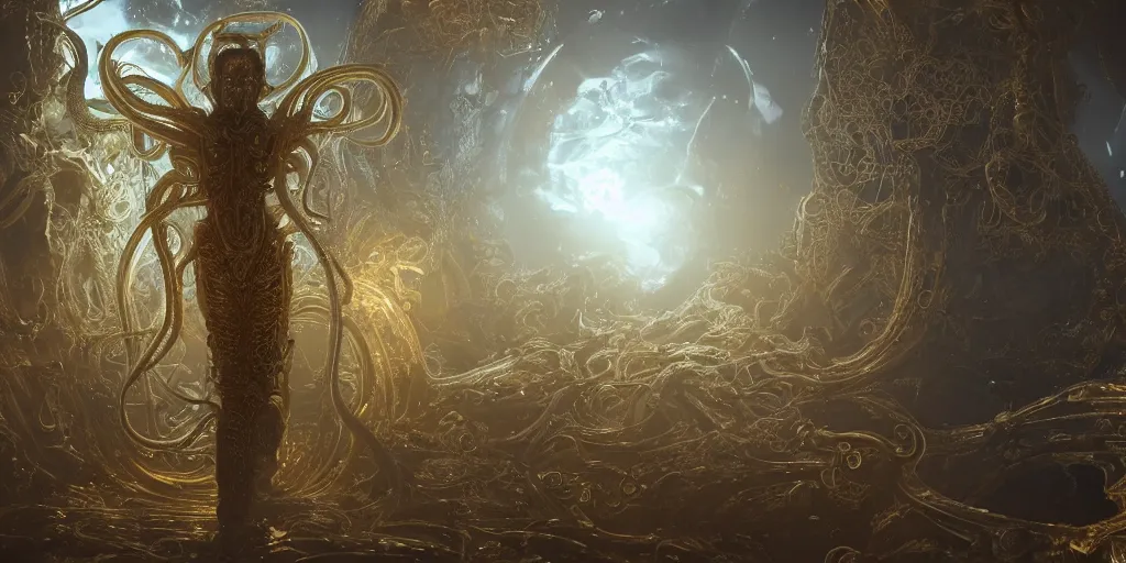 Prompt: a photo of 8k ultra realistic corrupted lovecraftian golden human queen standing next to a spaceship window, 8 intricate white and gold tentacles, ornate white and gold armour, cinematic lighting, trending on artstation, 4k, hyperrealistic, focused, high details, unreal engine 5, cinematic, masterpiece