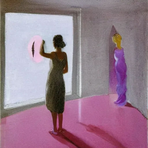 Prompt: A woman stands near a mirror, illuminated by pink light, her long silk dress up to her ankles, she is in high heels, looking out the window, which is a landscape of the ocean. Francis Bacon Style : k10