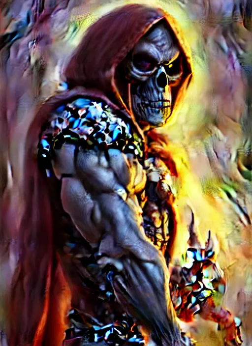 Image similar to skeletor, as a brooding figure of the dark caught in the never - ending push and pull between good and evil diffuse lighting, fantasy, intricate, highly detailed, lifelike, photorealistic, digital painting, artstation, illustration, concept art, smooth, sharp focus, art by john collier and albert aublet and krenz cushart