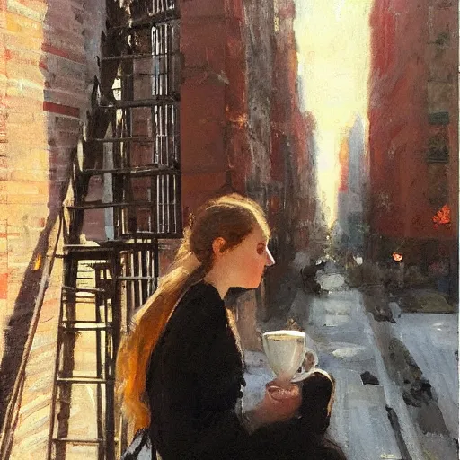 Prompt: “ a girl holding a cup of coffee sitting on a fire escape overlooking the east village in new york city, morning light, by daniel gerhartz ”