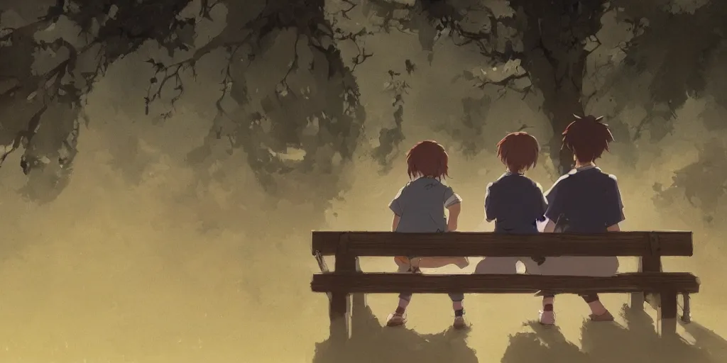 Image similar to a family with sorrow faces sitting on a bench, close up shot, anime art, Greg Rutkowski, studio ghibli, dramatic lighting