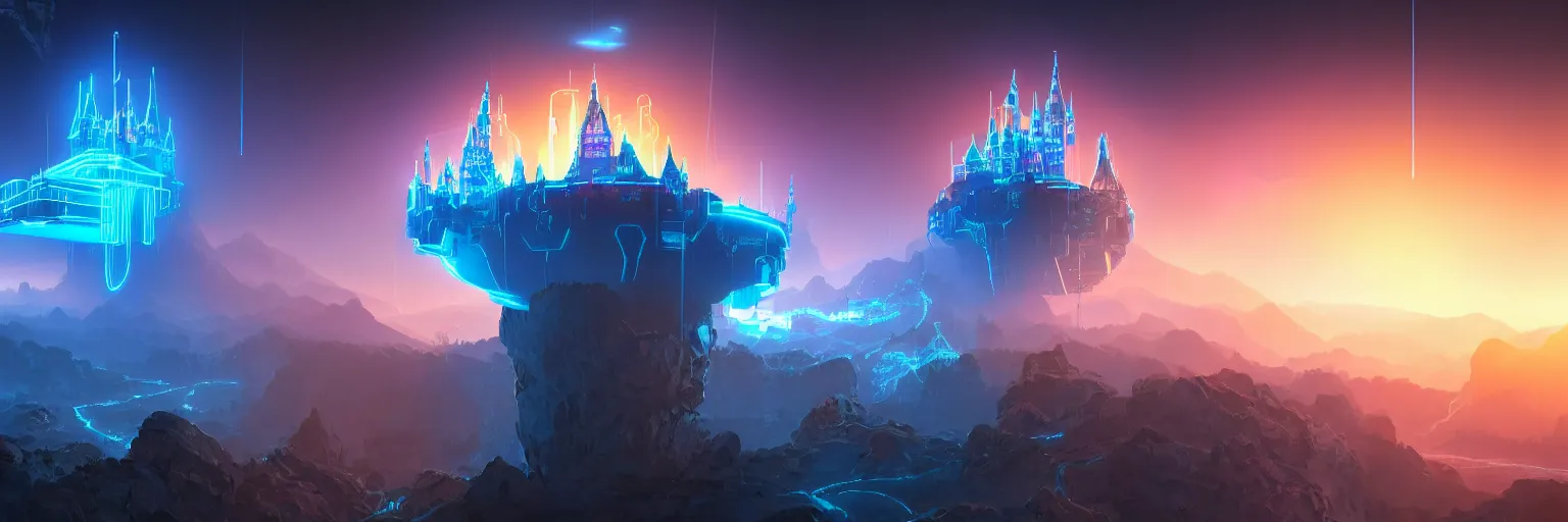 Prompt: tron in the mountain with neon light futuristic hyper realistic cinematic view of floating castle hanging by chains in the air, in between a gorge, below only cloud dark void, structured by chains and cables on base, 8 k resolution