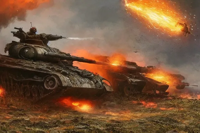 Prompt: an epic view of a cyborg woman versus a wwi tank, on a battlefield, smoke, fires, distant explosions, in the style of noriyoshi ohrai, cinematic, hyper - realistic, highly detailed digital art