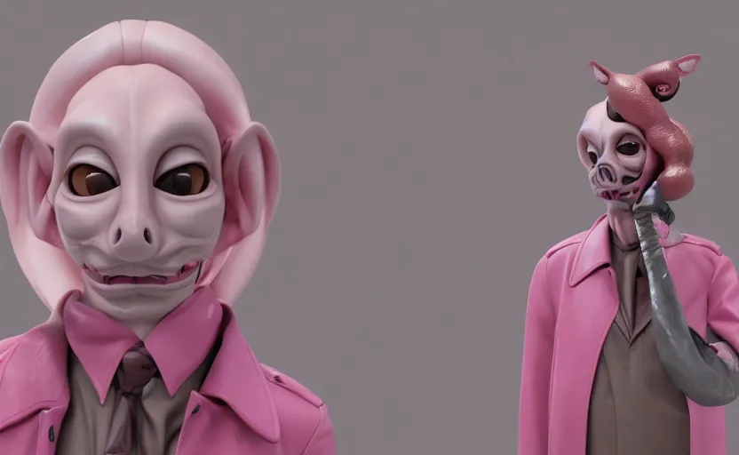 Image similar to a creepy slimy pink ocelot character, wearing a long beige trench coat, CGI, octane render, trending on artstation, 8K