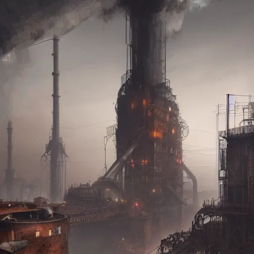 Prompt: highly detailed concept art of monumental chimney of the huge steelworks in the steampunk underground city/factory trending on Artstation by Daniel Dociu and Greg Rutkowski, high quality, dieselpunk, architecture, frostpunk, steampunk industrial area, pollution and smoke, rusty, heat and steam, ultra detailed, ultra realistic, dystopia