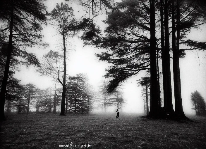 Prompt: giant trees, small people by Jakub Rozalski, lomography photo, blur, monochrome