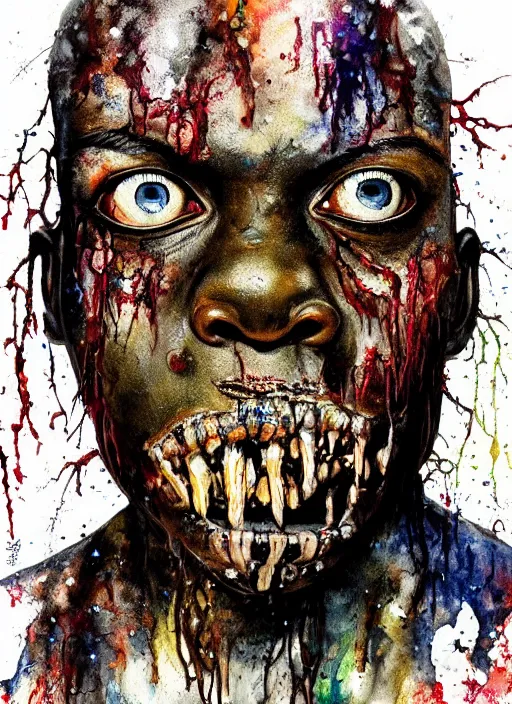 Image similar to african american zombie hollywood artwork professional acting headshot, hyperrealism, intricate detail, studio lighting, charming expression gesicht, hauntingly beautiful zombie, watercolor art, epic, legendary, drawn and painted, colored layers, dulled contrast, exquisite fine art, splatterpaint