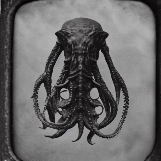 Image similar to tintype photo close up of a Cthulhu