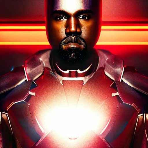 Image similar to Portrait of Kanye West in a Ironman-suit, splash art, movie still, cinematic lighting, dramatic, octane render, long lens, shallow depth of field, bokeh, anamorphic lens flare, 8k, hyper detailed, 35mm film grain