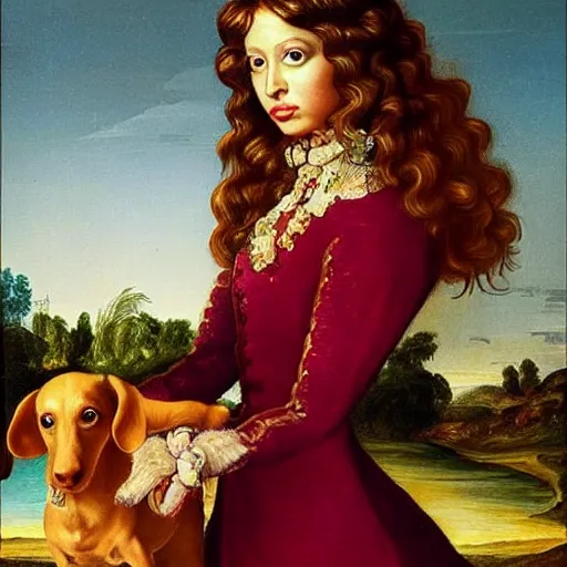 Image similar to nicki minaj walking a dachshund baroque oil painting