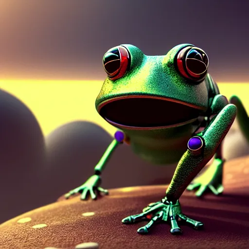 Prompt: a robot frog in an unknown planet, aliens look at it, octane render, hyperrealistic, ultra coherent, 3D