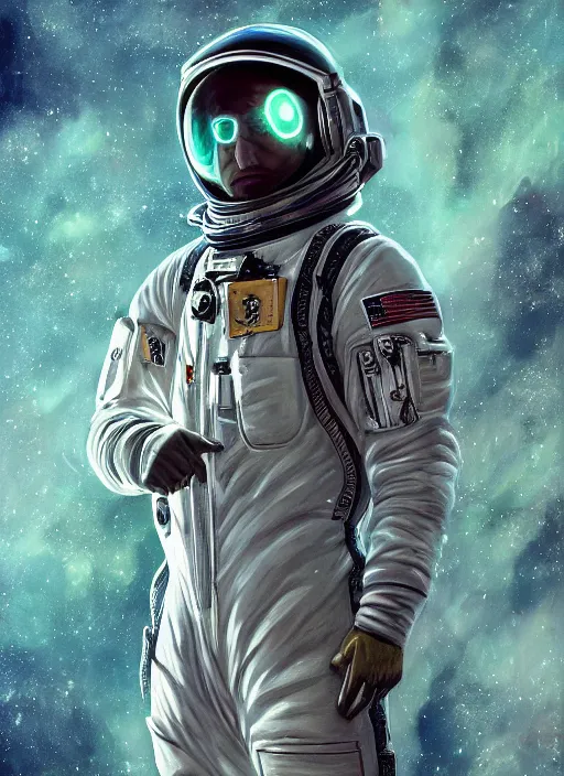 Prompt: ali g astronaut jumpsuit, helmet removed, the expanse, sci fi, futuristic, detailed illustration, digital art, trending on artstation, soft ambient lighting, volumetric lighting, rim lighting, yoshitaka amano, alphonse mucha, arney freytag, maxfield parrish, new art nouveau