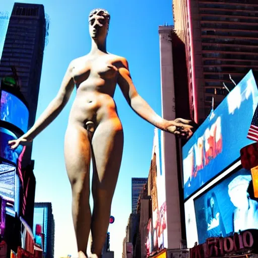 Image similar to a giant greek statue of a woman in times square