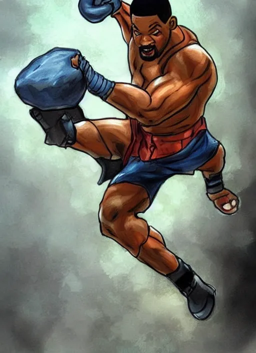 Image similar to beautiful concept art comic book drawing of will smith punching a rock by randy vargas