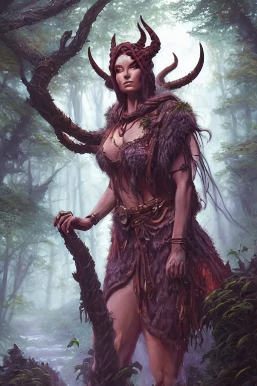 Prompt: beautiful oil painting with high detail of a female Druid tiefling from dungeons and dragons in the forest by artgerm and greg rutkowski and thomas kinkade