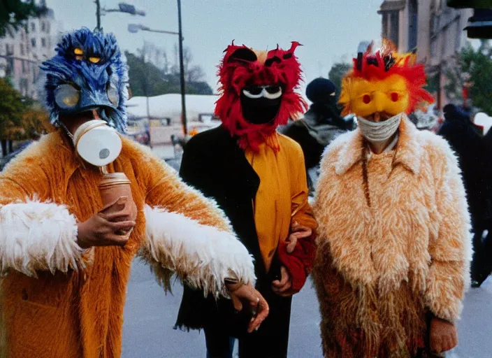 Prompt: 1 9 9 0 a documentary movie still of a ordinary couple wearing golden cotton feather coat, faces covered with wooden masks of birds neo - fauvism, movie still, 8 k, fauvism, cinestill, bokeh, gelios lens, grain kodak