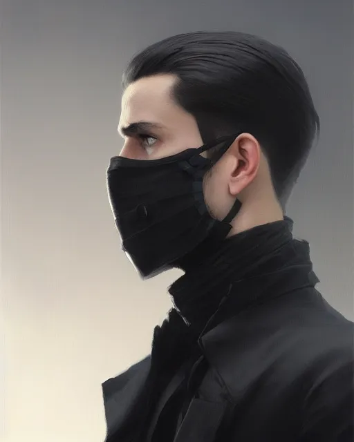 Image similar to a ultradetailed beautiful panting of a european young man wearing black medical mask and black long coat, by ilya kuvshinov, greg rutkowski and makoto shinkai, trending on artstation