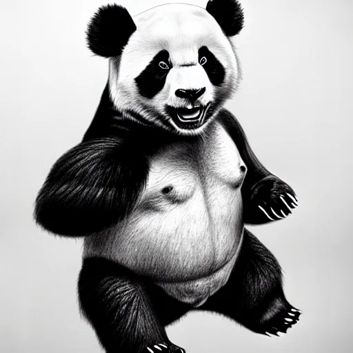 Image similar to muscular buff panda, highly detailed, pencil sketch