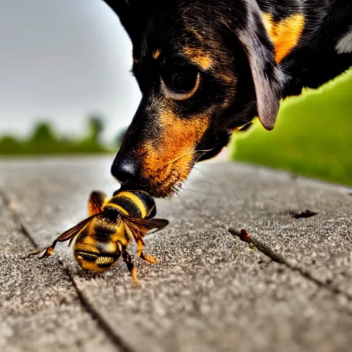 Image similar to dog stepping on a dead bee on the concrete ground, close up, macro, dslr photography