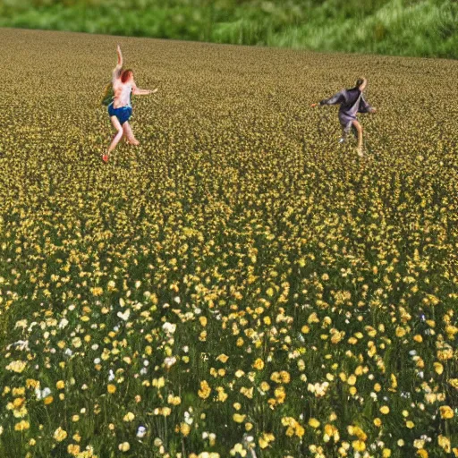 Image similar to humans running in a flower field with their hands in the air, funny facial expressions, eyes rolled back, 'the drugs are finally kicking in'