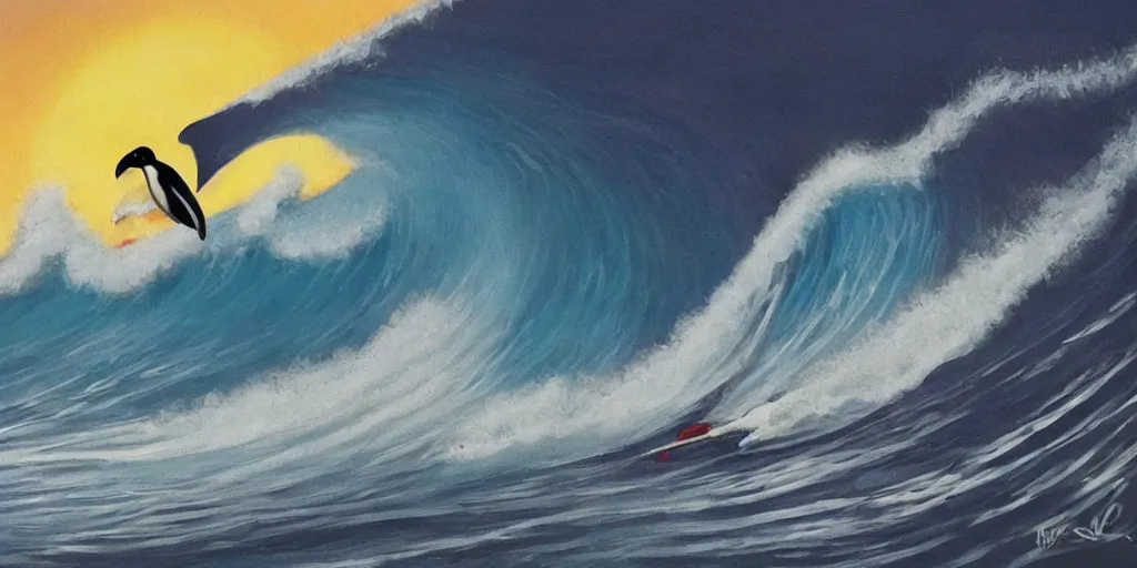 Image similar to penguin surfing a wave at the sunrise, art station, art deco