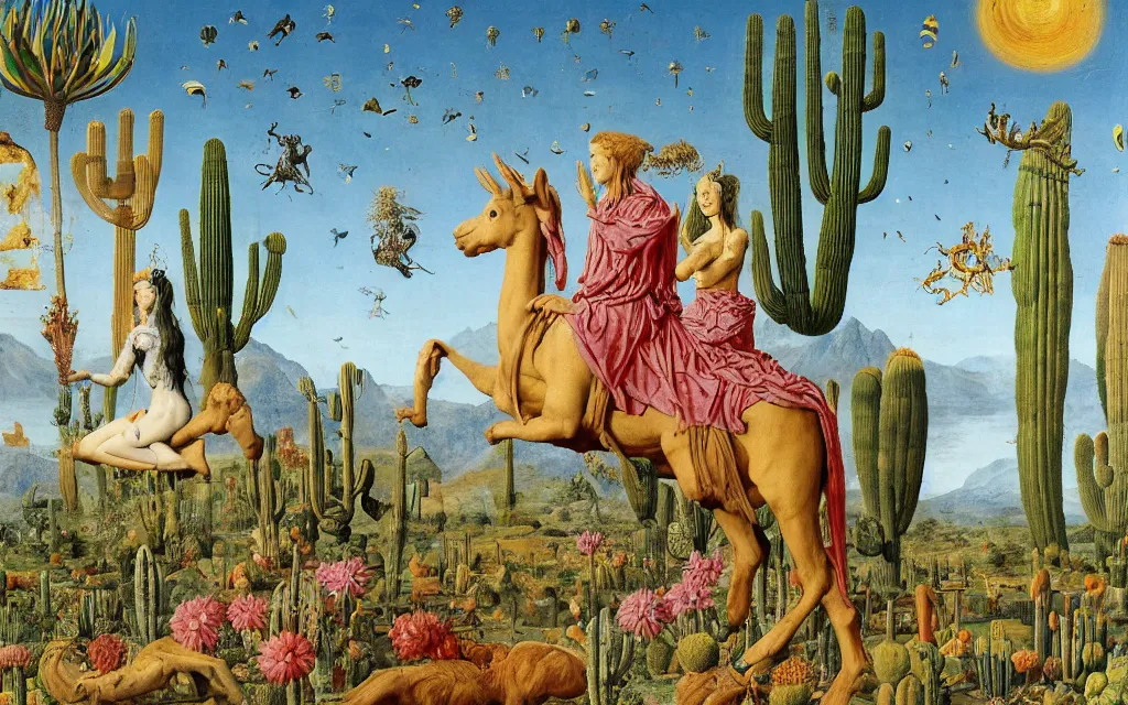 Image similar to a portrait photograph of a meditating sphinx and a centaur king riding birds at a river delta. surrounded by bulbous flowers, animals, trees and cacti. mountain range under a vast blue sky of burning stars. painted by jan van eyck, max ernst, ernst haeckel and ernst fuchs, cgsociety, artstation, fashion editorial
