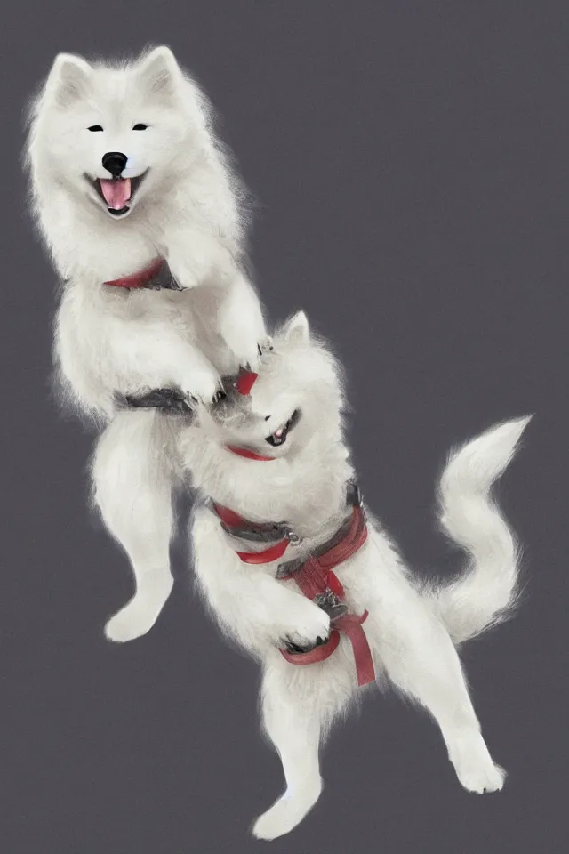 Image similar to samoyed dog as a kickboxing fighter doing Wai Kru Ram Muay, concept art