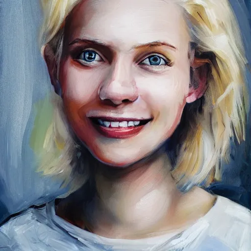 Image similar to portrait painting of woman from scandinavia, 2 0, years old, blonde hair, daz, occlusion, smiling and looking directly, brushstrokes, white background, art by enki bilal