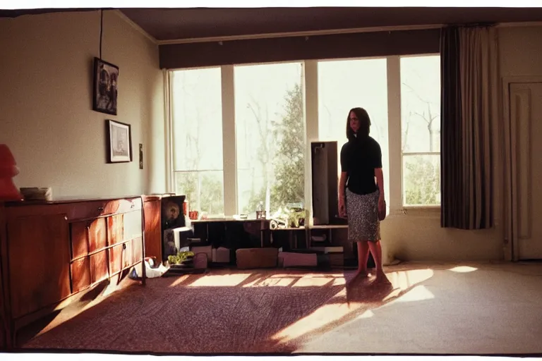 Prompt: backlit photograph of woman standing in front of object radiating esoteric energy in suburban living room, crisp focus, highly detailed, in george hardie style, 3 5 mm ektachrome