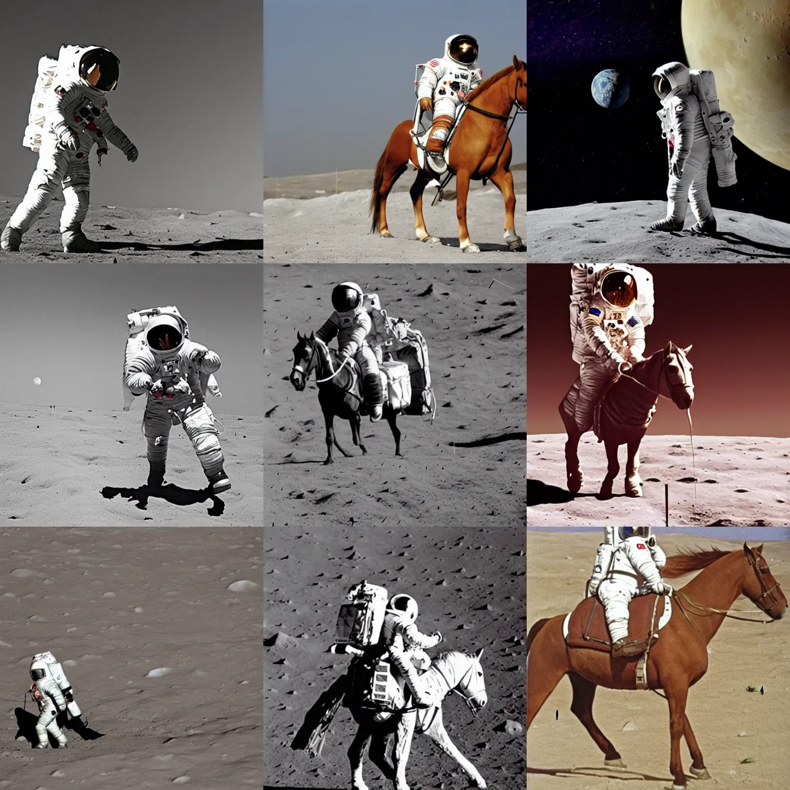 Prompt: astronaut on the moon, astronaut is carrying a pony horse, horse is sitting on the backpack of astronaut,