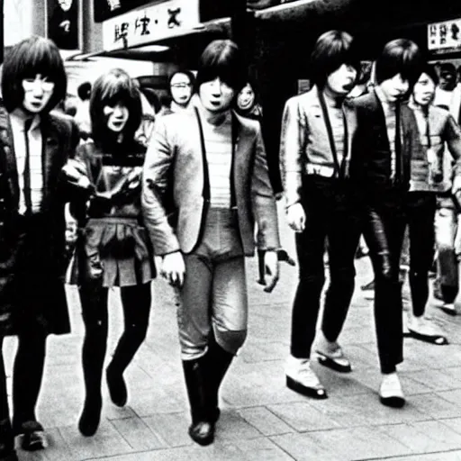 Prompt: 1 9 7 0 s japanese tv show, bw, cyborg monsters walking the streets of shinjuku,