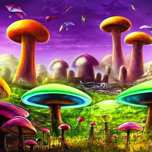 Prompt: an alien landscape with giant mushrooms and plants. Some alien animals are walking around. In the background you can see a futuristic city. Happy, uplifting. Vibrant colors.