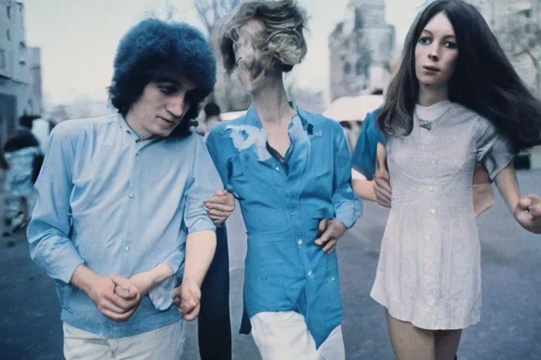 Prompt: film photography, 35mm, 1970s, no faces, no portraits, close-up love and romantic in blue colors feeling of young and freedom, in style of Joel Meyerowitz