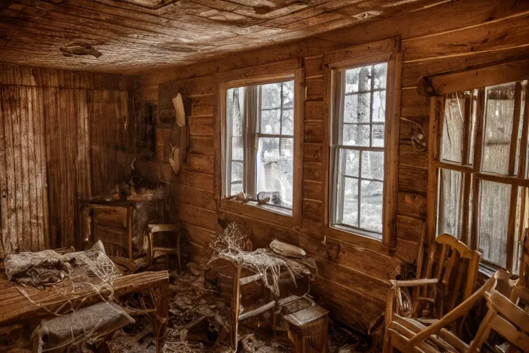 Image similar to a film production still, 2 8 mm, wide shot of a cabin interior, wooden furniture, cobwebs, spiderwebs, dynamic volumetric lighting, abandoned, depth of field, cinematic