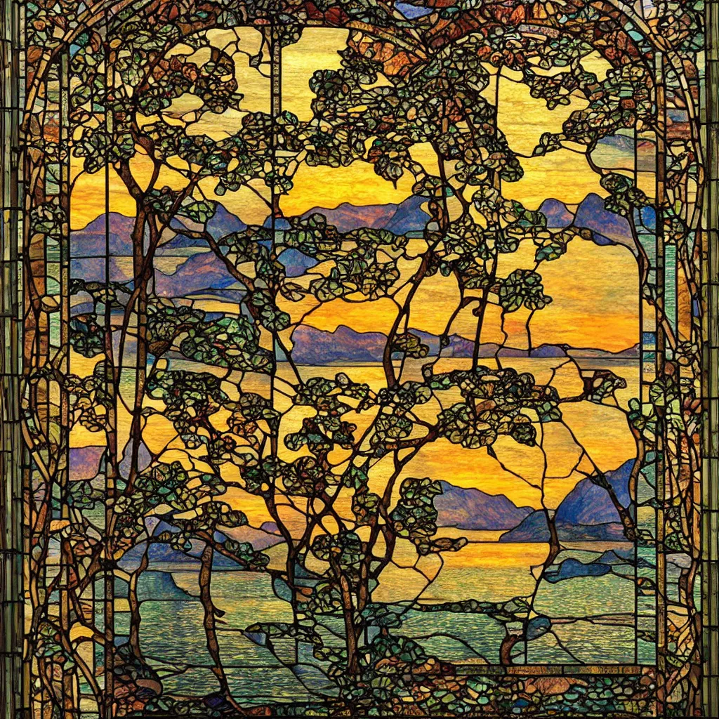 Prompt: aclose - up photograph of an art nouveau stained glass window of a lake at sunset, with a spreading oak growing beside it, with tall karst mountains in the distance at sunset, intricate and highly detailed, well - lit, ornate, realistic, polished, by louis comfort tiffany