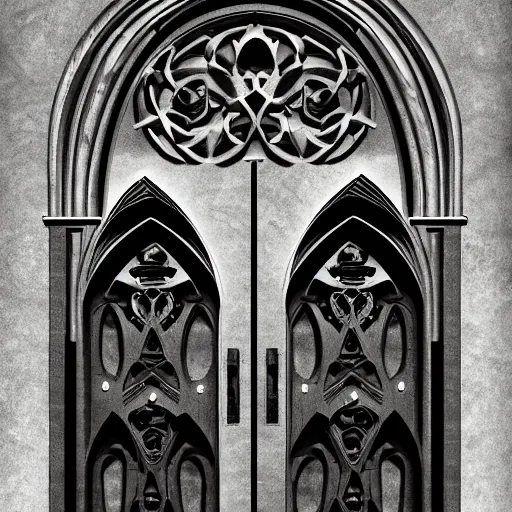 Image similar to portal double doors with a big face carved in the center. gothic medieval baroque. black iron. symmetry. epic. ominous shapes. trending on artstation