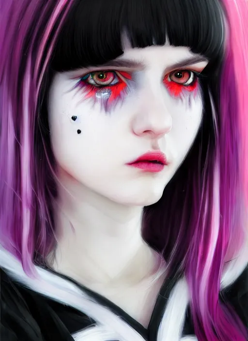 Image similar to portrait of white teenage girl, normal face, white bangs, mall goth, cyberlox, black and white hair, bangs, fluffy bangs, red contact lenses, purple lipstick, intricate, elegant, highly detailed, digital painting, artstation, concept art, sharp focus, smooth, illustration, art by wlop, mars ravelo and greg rutkowski