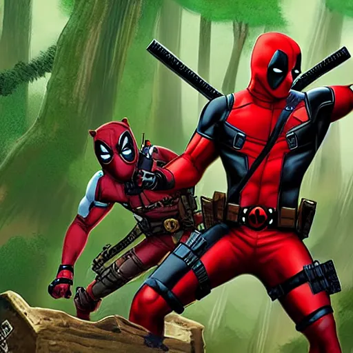 Image similar to deadpool and rocket raccoon in the woods digital art 4 k detailed