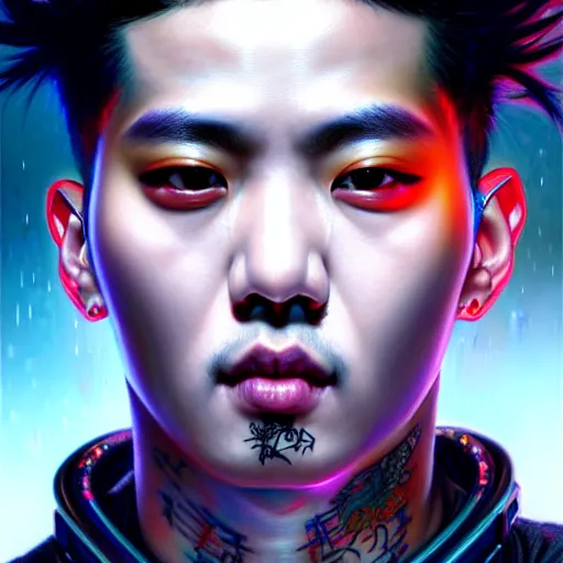 Prompt: portrait painting of a cyberpunk jackson wang with a z tattooed on his forehead, from got 7, ultra realistic, concept art, intricate details, eerie, highly detailed, photorealistic, octane render, 8 k, unreal engine. art by artgerm and greg rutkowski and magali villeneuve and alphonse mucha