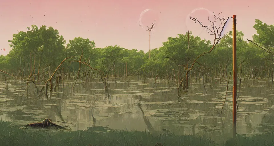 Image similar to A fantastic mangrove, by simon stalenhag