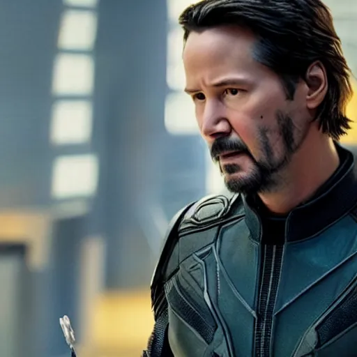 Image similar to film still of Keanu Reeves as Hawkeye in Avengers Endgame